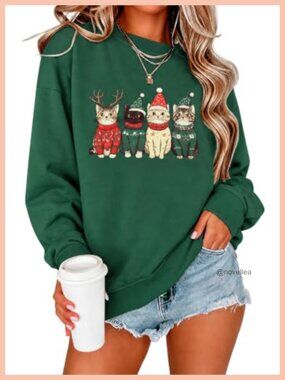 Women's Cat Christmas Sweatshirt Cut Cat Graphic Crew Neck Pullover